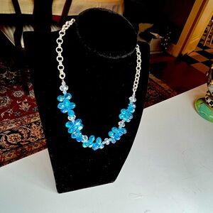 EUC Statement Necklace with Turquoise and Clear Faceted Crystals, 18”